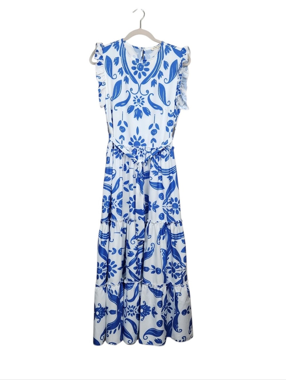 Sunday Up Porcelain Mediterranean Floral Sleeveless Maxi Dress Womens Size M